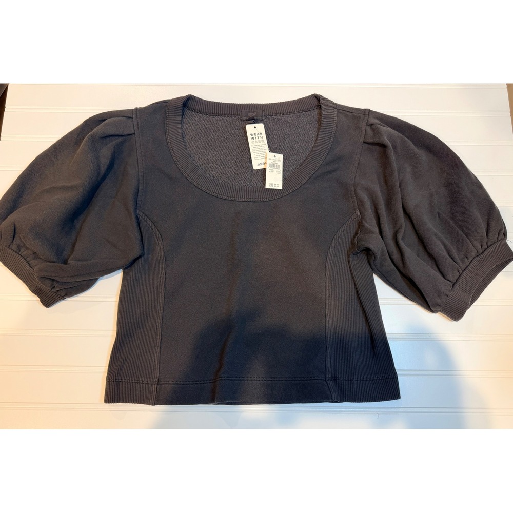 Aerie Puff Sleeve Sweatshirt Washed Black Scoop Neck French Terry Top Small NEW